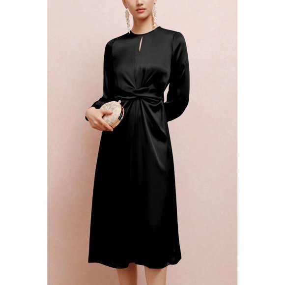 Black Twist Front Tie Back Long Sleeve Satin Dress - Picture 15 of 16